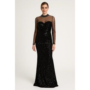 FAERIESTY Velvet Mesh Long Sleeve Sequin Pearl Embellished Maxi Ballgown